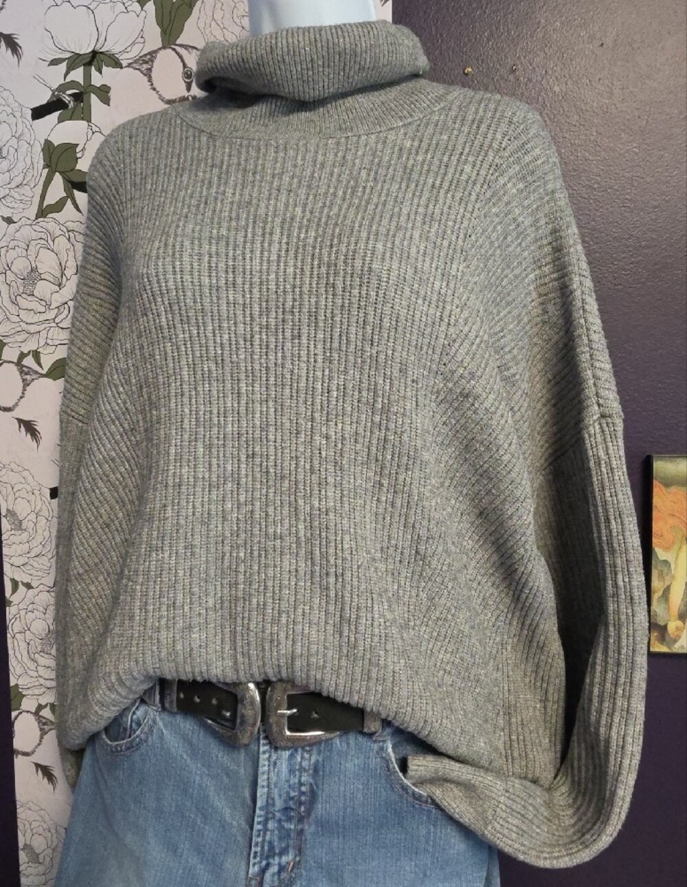 new directions Gray Ribbed Turtleneck Sweater With Panel Stitching